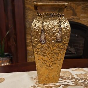 Vintage Floral Embossed Brass Vase With Twisted Tassel Rope